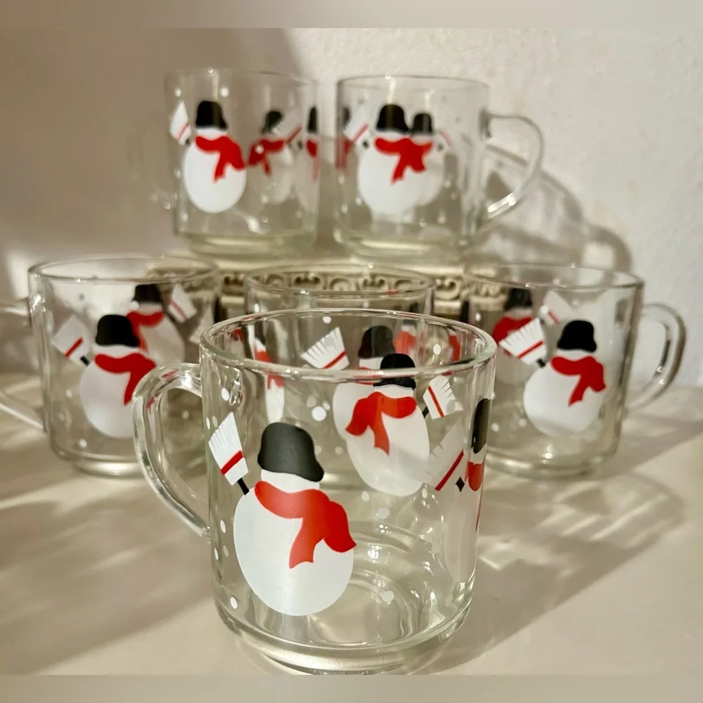 6 Luminarc, Glass Snowman Mugs from Crate & Barrel.